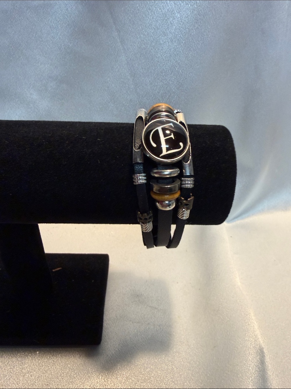Source Unknown Black Leather Wrap Bracelet with 'E' Monogram